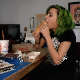 A skinny girl with tattoos and punky green hair does a Dine & Dump video by eating a chili dog, then records herself shitting it out later. Pissing and a runny, soft-sounding dump is heard as soon as she sits down. 720P HD. About 8.5 minutes.
